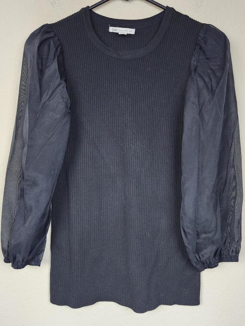 Cato Black Ribbed Sweater with Sheer Puff Sleeves, Size M